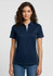A navy women's short sleeve polo shirt featuring a white collar and subtle logo details.