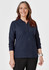 A navy long sleeve polo shirt featuring a collared neckline and button placket, worn by a smiling woman.