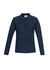 A navy long sleeve polo shirt for women featuring a button-up front and a collar. It has a logo on the chest.