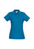 A blue ladies polo shirt featuring a collar and button placket, with a logo on the fabric.