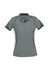 A women's short sleeve polo shirt in grey with black detailing and a logo on the chest.
