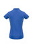 A blue women's polo shirt with short sleeves, featuring yellow side accents and a branded logo on the back.