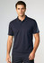 A navy blue men's polo shirt with short sleeves and a branding logo on the chest.