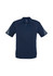 A navy blue short sleeve polo shirt featuring a patterned texture on the sleeves and a logo.