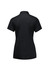 A black short sleeve polo shirt for women featuring a collar and a branding logo. Back view is displayed.
