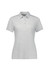 A women's short sleeve polo in a light grey colour with a button-up collar and a logo.