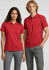 A red short sleeve polo shirt for men and women, featuring a design with contrasting seams and a logo.