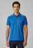 A blue men's polo shirt with short sleeves and a logo, featuring white detailing on the shoulders.