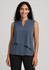 A sleeveless layered blouse in a soft blue-grey shade, featuring a v-neck and relaxed fit. It has a logo.