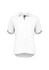A white short sleeve blouse with a collar and button-up front, featuring rolled sleeves and a curved hem.