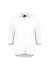 A white women's blouse with 3/4 sleeves and a button-up front. It features a collar and a curved hemline.