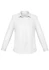 A white long sleeve button-up shirt for women. It features a classic collar and has a logo on it.