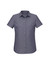A women's short sleeve button-up shirt in a dark grey colour, featuring a classic collar and a logo.