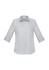 A light grey women's button-up shirt with 3/4 sleeves and a collar. It features a simple, clean design and has a logo.