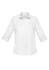 A white button-up shirt with three-quarter sleeves and a collar. Features a branded logo.