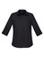 A black women's button-up shirt with 3/4 sleeves and a collared neckline, featuring a logo.