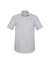 A short sleeve, button-up shirt in light grey with a chest pocket and a branded logo.