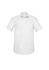 A white short sleeve button-up shirt featuring a single pocket and a classic fit design.