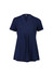 A navy blue women's Mali Stretch Tunic T-Top with a relaxed fit and short sleeves, featuring a small collar and pleating.