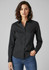 A long sleeve women's button-up shirt in black, featuring a collared neck and a fitted silhouette.