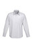 A white button-up shirt with long sleeves featuring a pocket and a collar. Includes a logo on the collar.