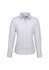 A long sleeve button-up shirt in light grey, featuring a collar and a front placket with buttons. It has a logo.