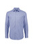 A long sleeve button-up shirt featuring a classic striped design in blue tones. The shirt has a chest pocket and a logo.