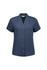 A navy blue short sleeve button-up women's shirt with a v-neck design and a subtle logo.