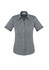 A grey short sleeve button-up shirt with a fitted design and a collar. Features rolled-up sleeves and buttons down the front.