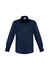 A navy blue long sleeve button-up shirt with a chest pocket and a branded label.