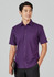A plain short sleeve button-up shirt in purple, featuring a logo and a sleek, casual design.