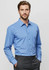 A blue long sleeve button-up shirt with a chest pocket, featuring a logo on the label.