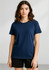 A navy short sleeve tee with a simple design, featuring a logo on the front. The model is wearing it with black shorts.