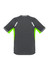 A short sleeve T-shirt in grey with bright green accents and reflective detailing on the back. It has a logo.