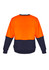 A unisex high visibility crew sweatshirt featuring an orange upper and navy lower. It includes a logo on the garment.