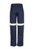 Navy work pants with reflective tape detailing and a back pocket, featuring a logo. Suitable for workwear.