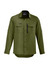 A men's long sleeve button-up shirt in olive green with two front pockets and a branding logo.
