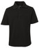 A black short-sleeve polo shirt with a collar, featuring three buttons and a logo on the chest.