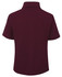 A maroon kids' short-sleeved polo shirt with a collar and an indistinct logo on the back.