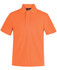 An orange short-sleeved polo shirt with a collared neckline and a logo.