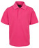 A pink polo shirt featuring a collar and short sleeves, with a logo on the chest.