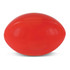 A red stress rugby ball with a smooth surface and a branded logo.