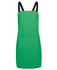 A green cross back canvas apron with a front pocket and black straps. It features a logo on the front.
