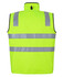 A high-visibility vest in bright yellow with reflective stripes, designed for safety wear. Features a branding logo.