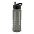 A drink bottle featuring a dark grey design, equipped with a black lid and a spout for easy pouring.