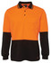 An orange and black long-sleeve polo shirt with a collar and pocket, featuring a logo.