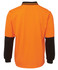 An orange long-sleeve polo shirt with black sleeves and a collar, featuring a logo on the front.