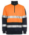 A high-visibility fleece jumper with an orange body and navy blue sleeves, featuring reflective strips and a zip collar.