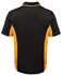 A black and gold polo shirt featuring a stylish design and a logo on the back.