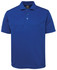 A blue polo shirt with a collared neck and three buttons, featuring a logo on the chest.